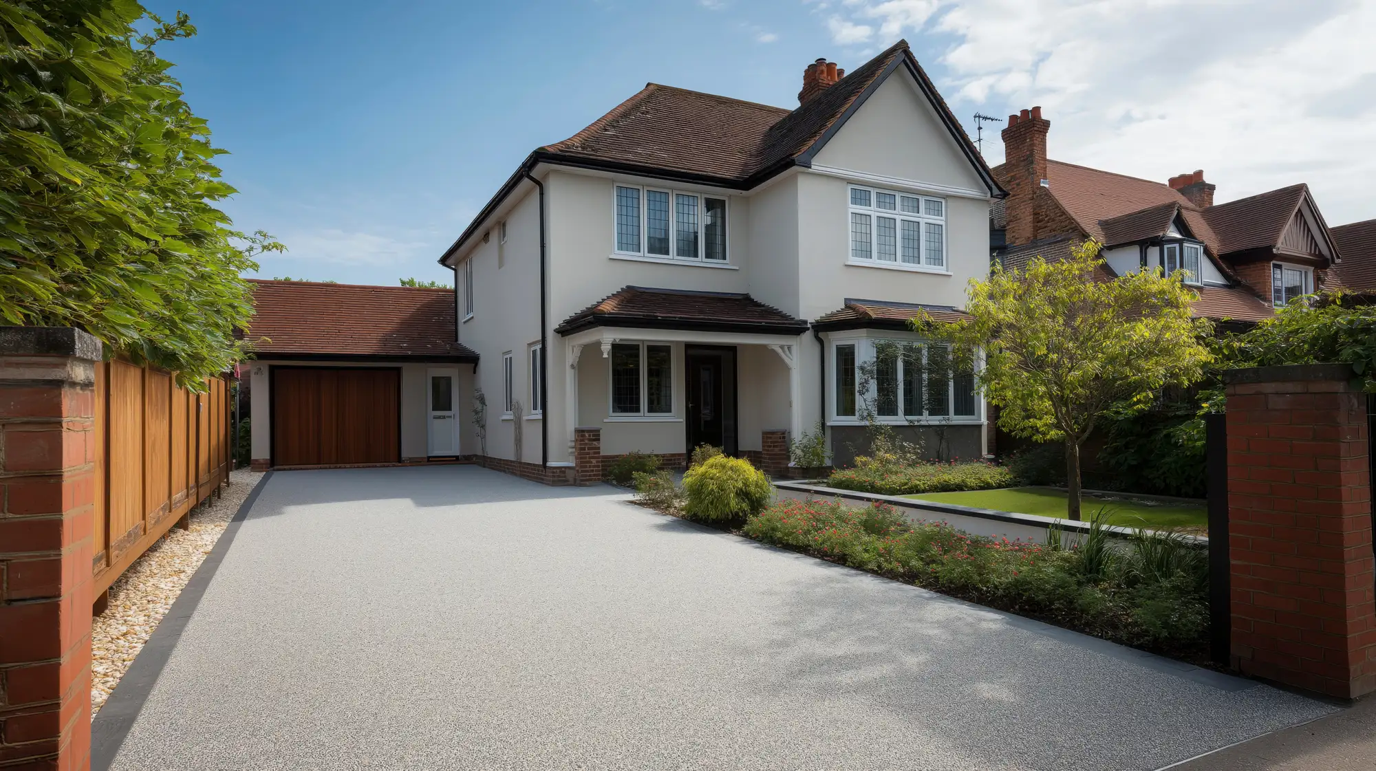 Grey driveway in front of a detached house with a garage and planted border