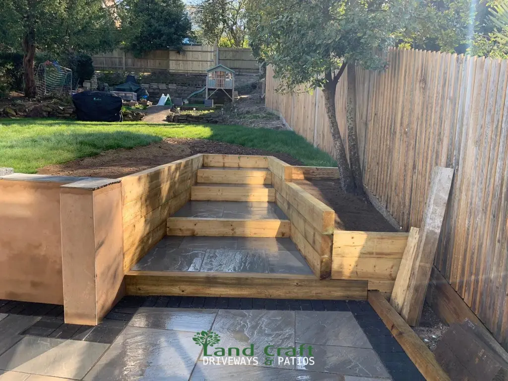 Timber sleeper steps with porcelain treads